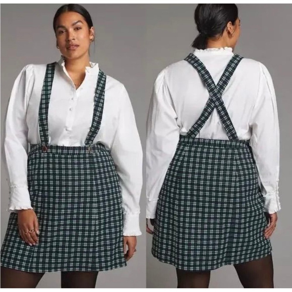 Anthropologie Maeve Plaid Tweed Pinafore Skirt Overall Suspender Straps Green 18
